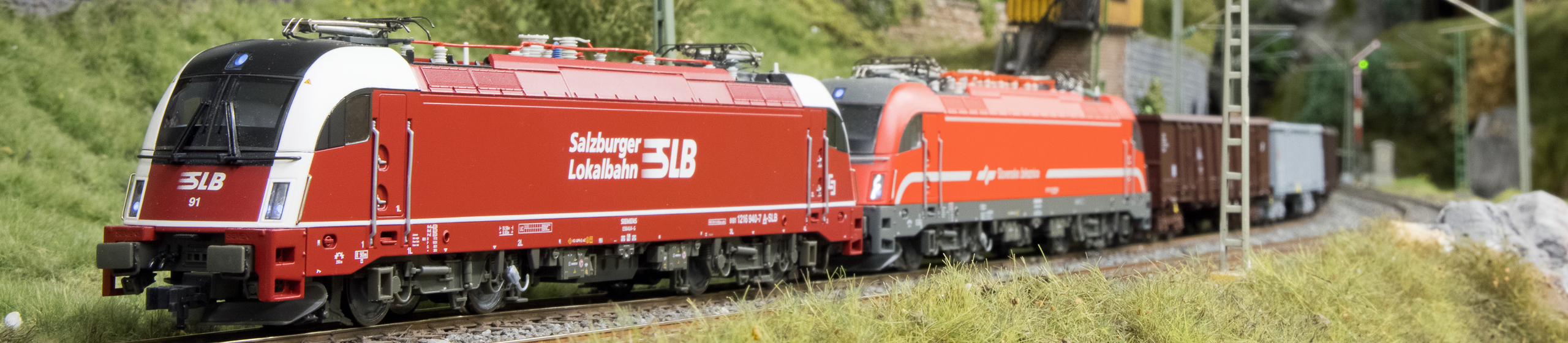 H0-Anlage – SLB-Doppeltraktion mit Güterzug